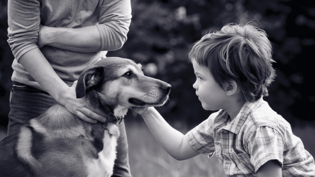 Criança gentilmente interagindo com um cão sob a supervisão de um adulto, demonstrando respeito pelo espaço do anima