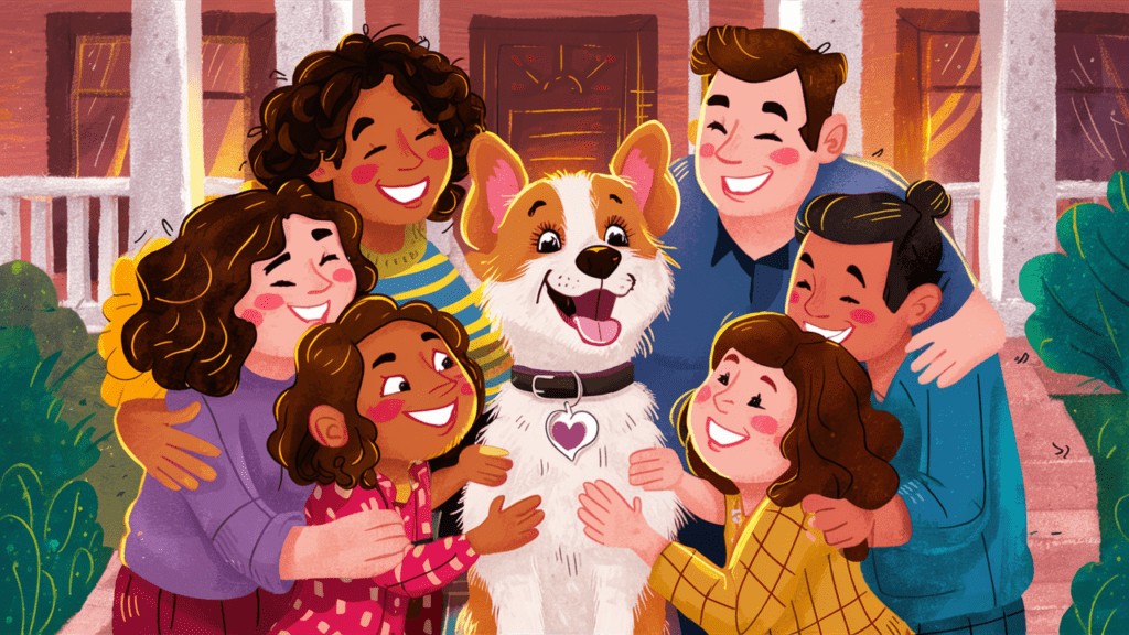 Transformando Vidas: A Importância da Adoção e do Resgate de Cães no Brasil: cachorro rodeado por uma família sendo adotado