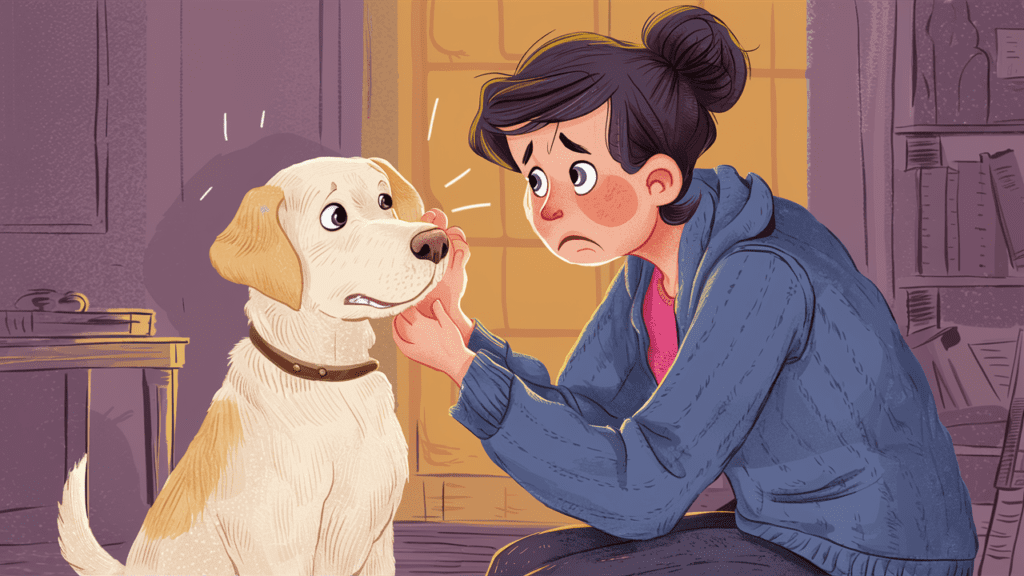 1. Meu cachorro está vomitando, o que devo fazer? 5 passo. Uma imagem de ilustração que mostra um labrador e seu dono preocupado em um ambiente doméstico, destacando cuidados com a saúde do cão, transmitindo empatia e responsabilidade pelo bem-estar do animal