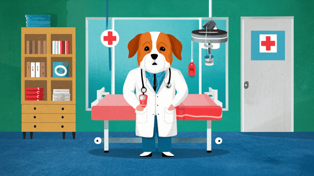 imagem de um cachorros vestido de médico falando sobre saúde e bem-estar de cachorros