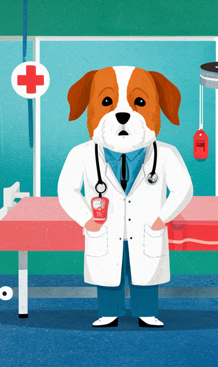 imagem de um cachorros vestido de médico falando sobre saúde e bem-estar de cachorros