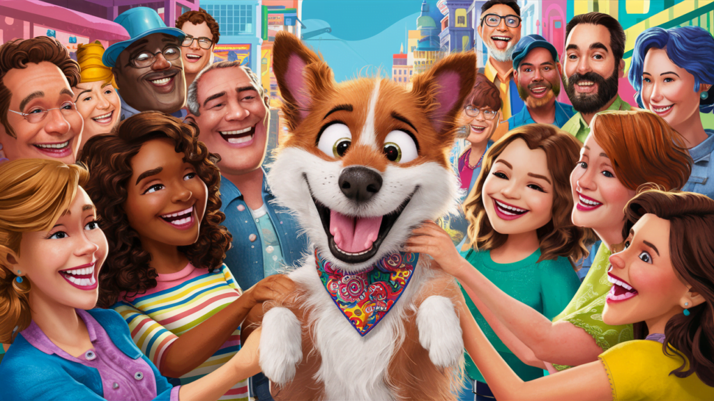 Uma imagem calorosa e inspiradora que captura a essência de um abrigo ou ONG de cachorros no Brasil. No centro, um cachorro simpático, com olhar esperançoso, está cercado por pessoas de diversas etnias, representando voluntários e trabalhadores do abrigo, em um ambiente acolhedor. Eles estão em um espaço aberto, verde e ensolarado, transmitindo uma atmosfera positiva e esperançosa. Ao fundo, pode-se ver uma placa com o texto 'Adote, Ame, Ajude' em português, incentivando a adoção e o suporte às ONGs e abrigos. A imagem deve transmitir a mensagem de que cada cachorro merece um lar amoroso e que as pessoas podem fazer a diferença na vida desses animais