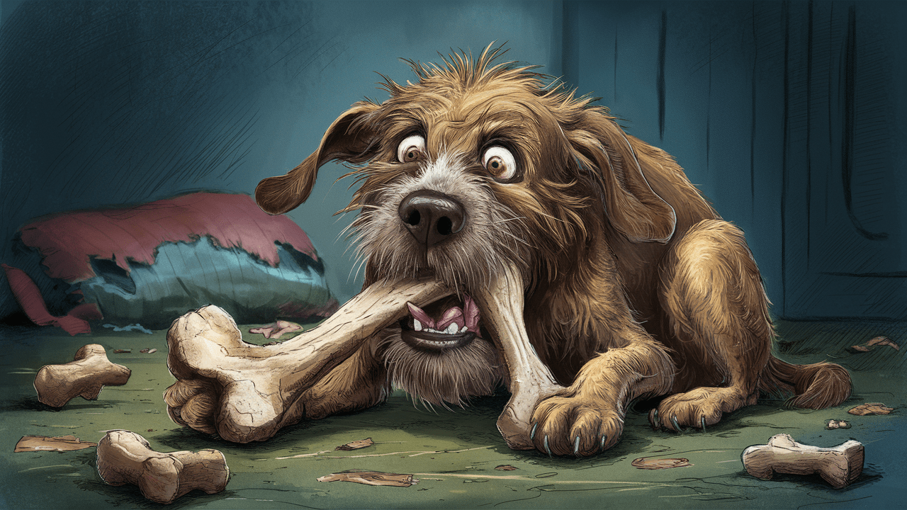 Uma ilustração de cortar o coração de um cão em perigo, a engasgar-se com um osso grande. Os olhos do cão estão arregalados de pânico e as suas orelhas descaídas estão encostadas à cabeça. O pelo está emaranhado e desgrenhado, o que indica que está a debater-se há algum tempo. O fundo é uma sala pouco iluminada com brinquedos espalhados e uma almofada rasgada, o que indica o estado de isolamento e abandono do cão.