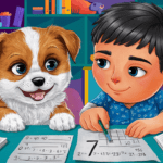 Como Calcular a Idade do Cachorro: um cachorro e um meninos em uma mesa fazendo contas no papel para saber a idade do seu cachorro