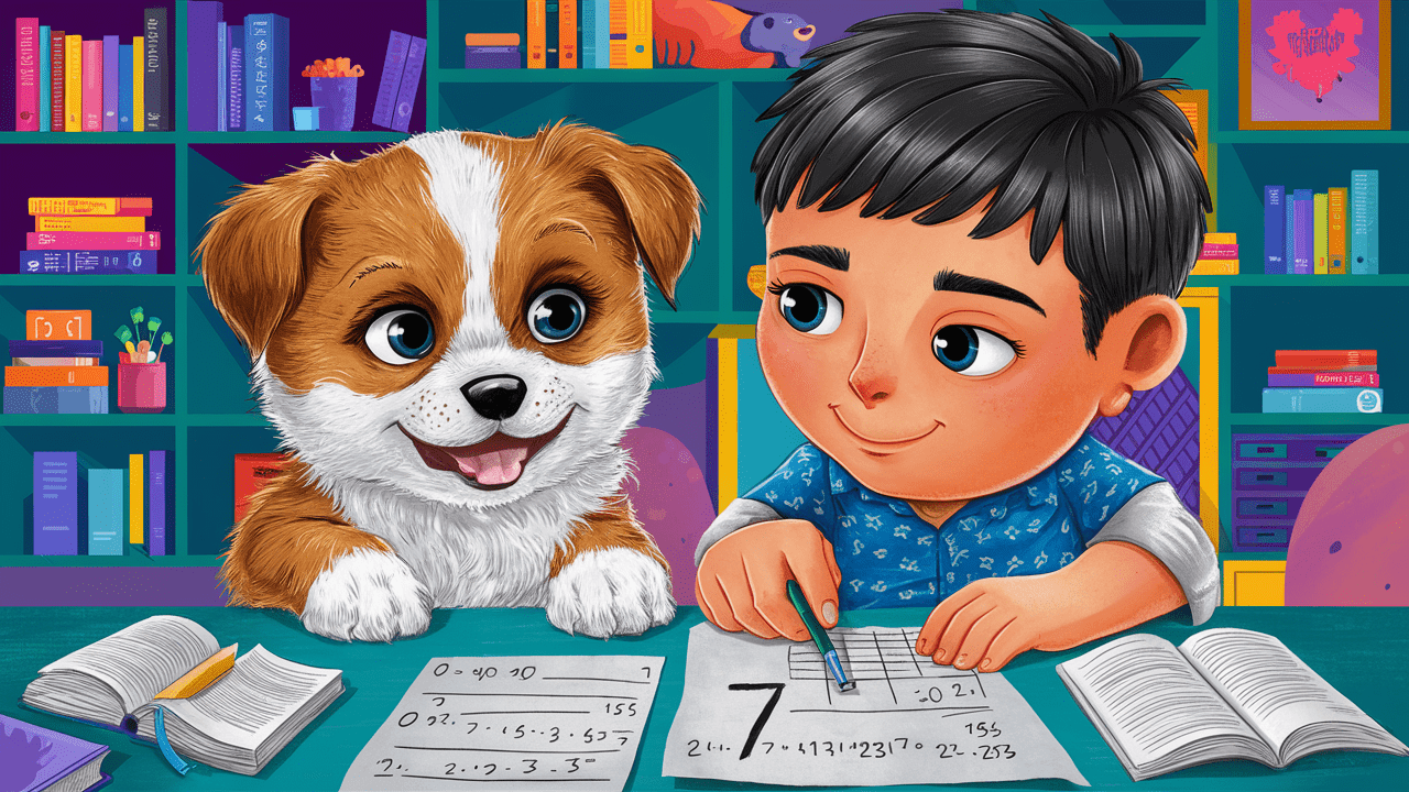 Como Calcular a Idade do Cachorro: um cachorro e um meninos em uma mesa fazendo contas no papel para saber a idade do seu cachorro